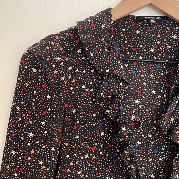 Madewell | 100% Silk Starry Night K0208 Wrap Peplum Ruffle Blouse Blue Red XXS - Picture 6 of 16
